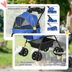 PawHut Dog Pram Dog Stroller Foldable Pet Pushchair with 4 Wheels, Safety Leashes, Cup Holder for Small Dogs, Blue - 6