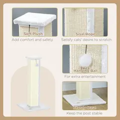 PawHut 81cm Cat Scratcher, Vertical Full Scratcher w/ Natural Sisal Rope, Hanging Ball, Soft Plush - White - 5