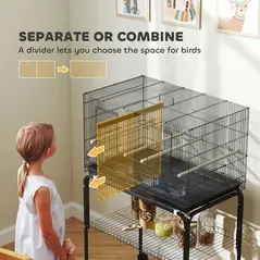 PawHut Bird Cage with Divider, 4 Wooden Perches, Slide Out Tray, 4 Feeders, for Budgie, Lovebird, Canary, 76 x 46 x 116cm Black - 4