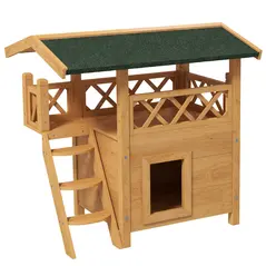 PawHut Cat House Outdoor w/ Balcony Stairs Roof, 77 x 50 x 73 cm, Natural Wood Finish - 1