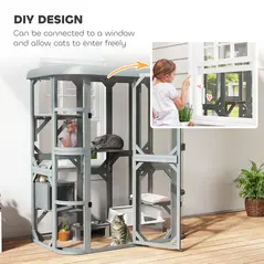 PawHut Catio Outdoor Cat Enclosure,  Wooden Cat House with Platforms, Condo and Waterproof Cover for 2–3 Kittens, Grey - 6