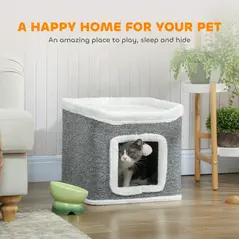 PawHut Cat House for Indoor Kittens, 2-Level Cat Cave Bed with Fluffy Balls, Top Bed, Kitten Barrel for Multi Kitties, Grey - 4