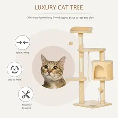 PawHut Cat Tree for Indoor Cats Pet Activity Centre Kitty Condo Climbing Scratching Post with Toys 4-tier 114cm Tall Beige - 4
