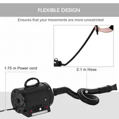 PawHut Dog Hair Dryer Pet Grooming Blaster Dryer Blower Adjustable Temperature Speed with 2.1M Flexible Hose 3 Nozzles - Black - 7