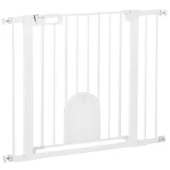 PawHut Dog Gate with Cat Flap Pet Safety Gate Barrier, Stair Pressure Fit, Auto Close, Double Locking, for Doorways, Hallways, 75-103 cm White - 1