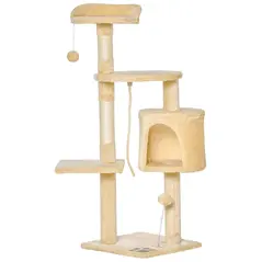 PawHut Cat Tree for Indoor Cats Pet Activity Centre Kitty Condo Climbing Scratching Post with Toys 4-tier 114cm Tall Beige - 1