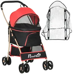 PawHut Detachable Pet Stroller with Rain Cover, 3 In 1 Cat Dog Pushchair, Foldable Carrying Bag w/ Universal Wheels, Brake, Canopy, Basket, Storage Bag for Small and Tiny Dogs - Red - 1