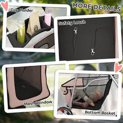 PawHut Dog Pram, Pet Stroller with Reflective Strips, Foldable Cat Stroller with 360° Swivel Wheels, Brown - 8