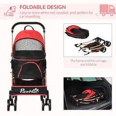 PawHut Detachable Pet Stroller with Rain Cover, 3 In 1 Cat Dog Pushchair, Foldable Carrying Bag w/ Universal Wheels, Brake, Canopy, Basket, Storage Bag for Small and Tiny Dogs - Red - 6
