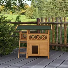 PawHut Cat House Outdoor w/ Balcony Stairs Roof, 77 x 50 x 73 cm, Natural Wood Finish - 8
