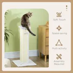 PawHut 81cm Cat Scratcher, Vertical Full Scratcher w/ Natural Sisal Rope, Hanging Ball, Soft Plush - White - 4