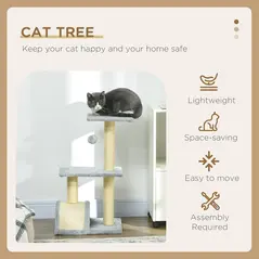 PawHut 72cm Cat Tree with Scratching Post, Pad for Indoor Cats - Light Grey - 4