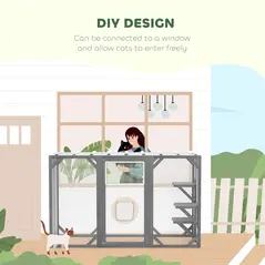 PawHut 71" Outdoor Wooden Cat House with Three Platforms, Large Door, Water-Resistant Roof, for Multiple Cats, Grey - 4