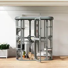 PawHut Catio Outdoor Cat Enclosure,  Wooden Cat House with Platforms, Condo and Waterproof Cover for 2–3 Kittens, Grey - 8