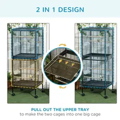 PawHut Bird Cage Budgie Cage 2 In 1 Large Aviary with Wheels Removable Trays for Finch Canaries Cockatiels Black - 4