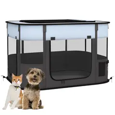 PawHut Foldable Dog Pen with Storage Bag for Indoor/Outdoor Use, Portable Pet playpen, with Ground Stakes - Grey - 1