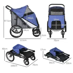 PawHut Foldable Pet Stroller, with Washable Cushion, Storage Bags, Safety Leash, for Medium, Large Dogs, Cats - Blue - 3