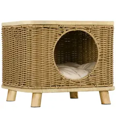 PawHut Elevated Design Wicker Cat House with Washable Cushion, Light Brown - 1