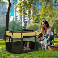PawHut Foldable Dog Pen with Storage Bag for Indoor/Outdoor Use, Portable Pet playpen, with Ground Stakes - Yellow - 2
