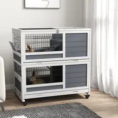 PawHut Double Deckers Guinea Pig Cage, Indoor Rabbit Hutch with Feeding Trough, Trays, Ramps, Openable Top - Grey - 2
