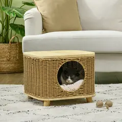 PawHut Elevated Design Wicker Cat House with Washable Cushion, Light Brown - 2