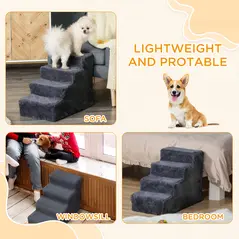 PawHut Four-Step Dog Stairs, with Washable Plush Cover, for High Bed Sofa, Dog Stairs for Small Dog and Cat - Dark Grey - 7