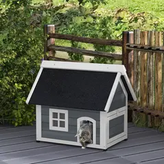 PawHut Outdoor Cat House, Wooden Feral Cat Shelter, with Openable Asphalt Roof, Three Doors - Grey - 2