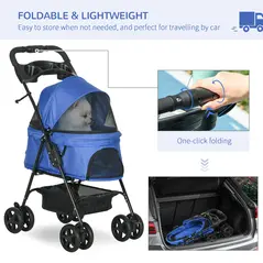 PawHut Dog Stroller with Rain Cover, Dog Pushchair One-Click Fold Trolley Jogger with EVA Wheels Brake Basket Adjustable Canopy Safety Leash for Small Dogs, Blue - 5