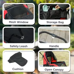 PawHut Foldable Pet Stroller for Large Dogs with Four Big Wheels, Shock-Absorbing Frame, Safety Leashes, Brakes, Red/Black - 7