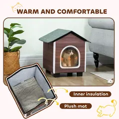 PawHut Insulated Outdoor Cat House, Water-Resistant Feral Cat Shelter with Elevated Base and Cushion, Red-brown - 6