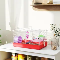 PawHut Hamster Cage, Small Gerbil Cage 2 Tiers Portable w/ Handle, Exercise Wheel, Water Bottle, Dishes - 2