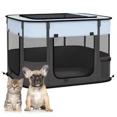 PawHut Foldable Dog Pen with Storage Bag for Indoor/Outdoor Use, Portable Pet playpen, with Ground Stakes - Grey - 1
