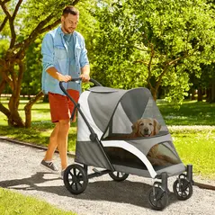 PawHut Foldable Pet Stroller for Large Dogs with 4 Big Wheels, Shock-Absorbing Frame, Safety Leashes, Brakes, Dark Grey - 2