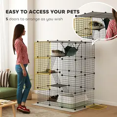 PawHut Four-Tier DIY Large Cat Cage with Hammock, Ramps, Five Doors, Indoor Use for 1-3 Cats, Black - 6