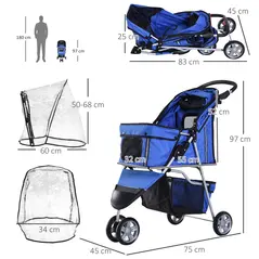 PawHut Dog Stroller with Cover for Small Miniature Dogs, Folding Cat Pram Dog Pushchair with Cup Holder, Storage Basket, Reflective Strips, Blue - 3