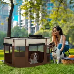 PawHut Foldable Dog Pen with Storage Bag for Indoor/Outdoor Use, Portable Pet playpen, with Ground Stakes - Brown - 2