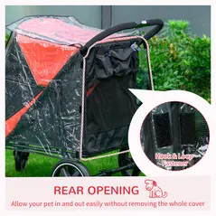 PawHut One-Click Foldable Pet Travel Stroller with Rain Cover, Cat Dog Pushchair with Universal Front Wheels, Shock Absorber, Storage Bags, Mesh Window, Safety Leash for Large and Medium Dogs (Red) - 7