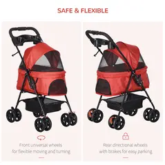 PawHut Dog Stroller with Rain Cover, Dog Pushchair One-Click Fold Trolley Jogger with EVA Wheels Brake Basket Adjustable Canopy Safety Leash for Small Dogs, Red - 6