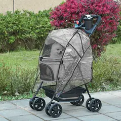 PawHut Dog Stroller with Rain Cover, Dog Pushchair One-Click Fold Trolley Jogger with EVA Wheels Brake Basket Adjustable Canopy Safety Leash for Small Dogs, Grey - 2