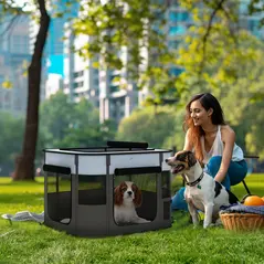 PawHut Foldable Dog Pen with Storage Bag for Indoor/Outdoor Use, Portable Pet playpen, with Ground Stakes - Grey - 2