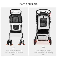 PawHut Dog Stroller with Rain Cover for Small Miniature Dogs, Folding Pet Pram with Cup Holder, Storage Basket, Reflective Strips, Grey - 5