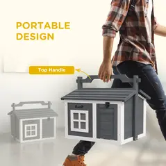 PawHut Indoor Rabbit Hutch, Portable Small Animal House Outdoor, with Top Handle, Openable Roof - Grey - 6