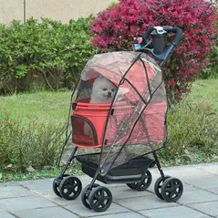 PawHut Dog Stroller with Rain Cover, Dog Pushchair One-Click Fold Trolley Jogger with EVA Wheels Brake Basket Adjustable Canopy Safety Leash for Small Dogs, Red - 2