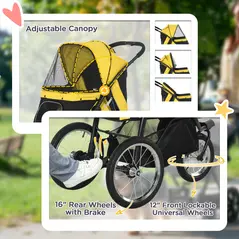 PawHut Foldable Pet Stroller Jogger, with Three Wheels, Canopy, for Medium and Small Dogs, Yellow - 7