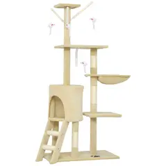 PawHut Multi-Level Cat Tree with Scratching Post, Ladder, Cat House, Beige - 1