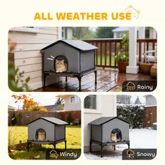 PawHut Outdoor Cat House, Waterproof Insulated Cat Kennel with Elevated Base, Foldable Feral Kitty Shelter for Kittens, Grey - 5