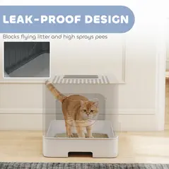 PawHut Foldable Cat Litter Box with Lid, Slide-Out Drawer, Scoop, Easy Clean, Odour Control, Anti-Splashing, Grey - 6