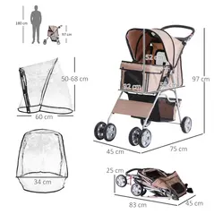 PawHut Dog Stroller with Rain Cover for Small Miniature Dogs, Folding Pet Pram with Cup Holder, Storage Basket, Reflective Strips, Brown - 3