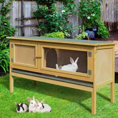 PawHut Guinea Pigs Hutches, 115Lx44.3Wx65H cm, Fir Wood-Yellow/Green - 2