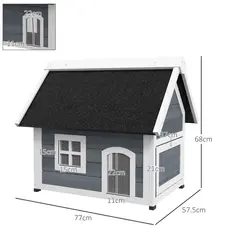 PawHut Outdoor Cat House, Wooden Feral Cat Shelter, with Openable Asphalt Roof, Three Doors - Grey - 3